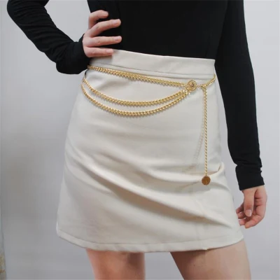 Cadena de cintura de aleación multicapa estilo Retro bohemio para mujer, cadena para el cuerpo, colgante redondo, cadena para el vientre, cinturón, joyería femenina